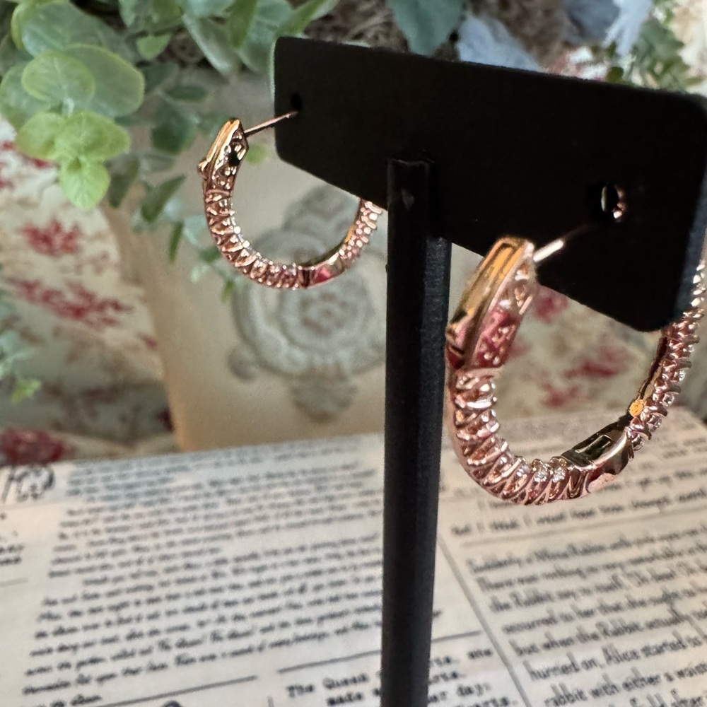 Stainless Steel Rose Gold Crystal Hoop Earrings - Women Jewelry - Picture 4 of 4